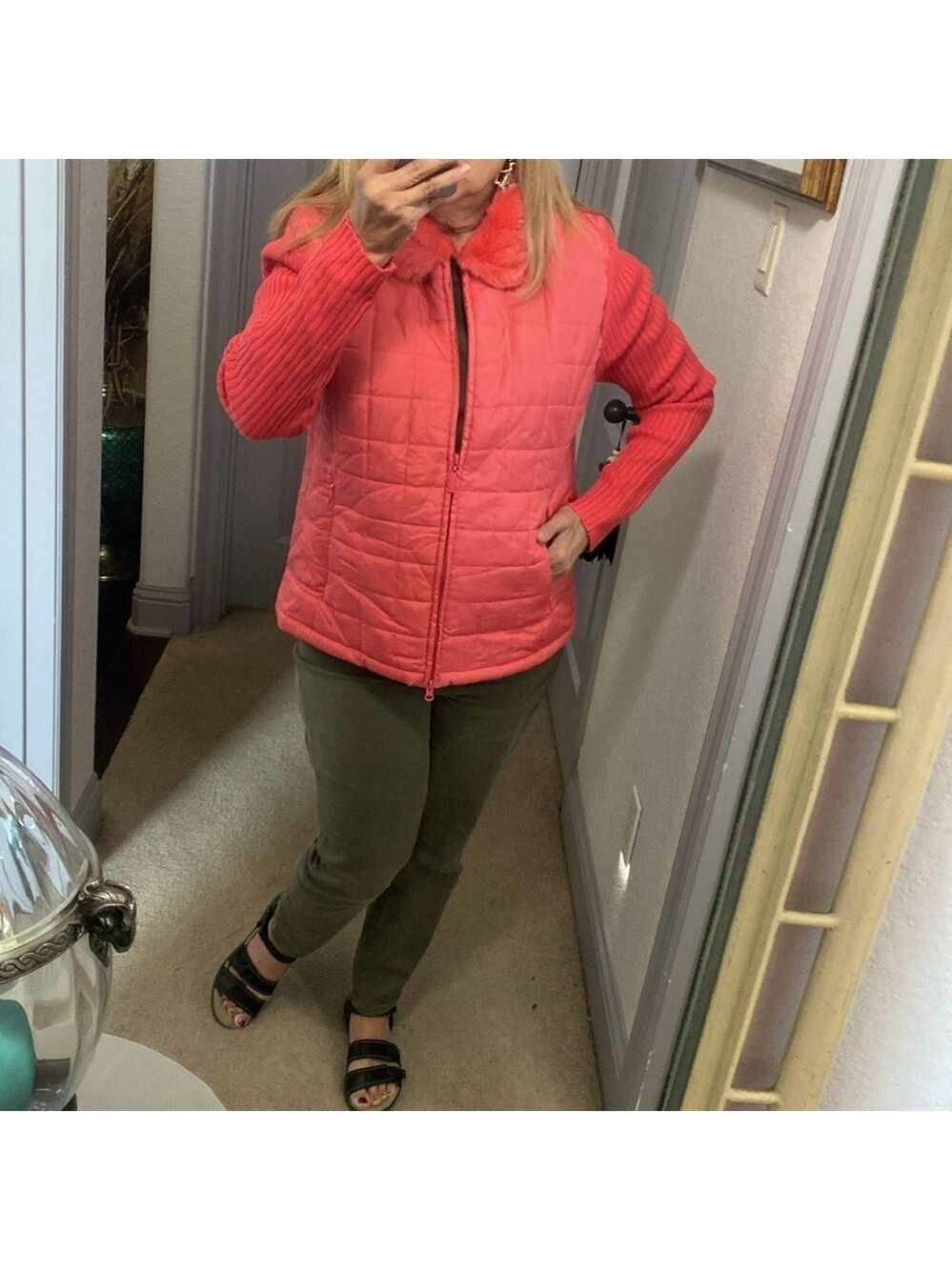 Women's Carolyn Taylor Jacket XL/XG Coral Quilted Faux Fur Collar